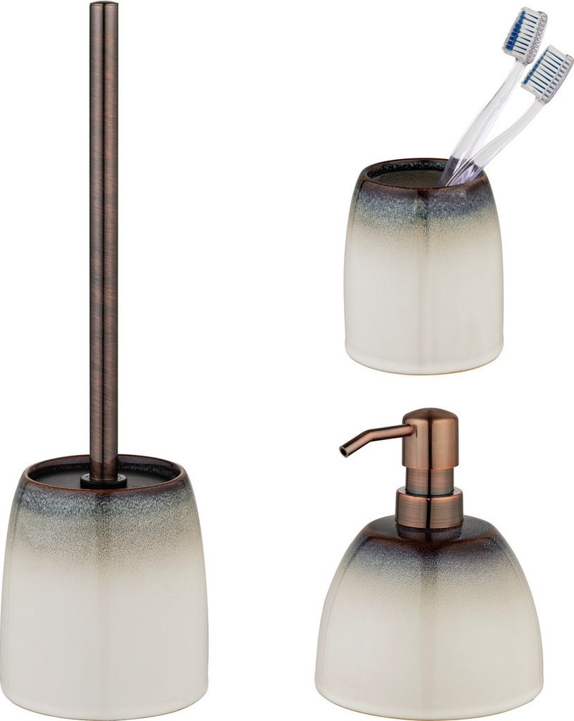 Schöner Wohnen Keramik Bad-Accessoire Set Osteto Beige WC-Garnitur Seifenspender Zahnputzbecher