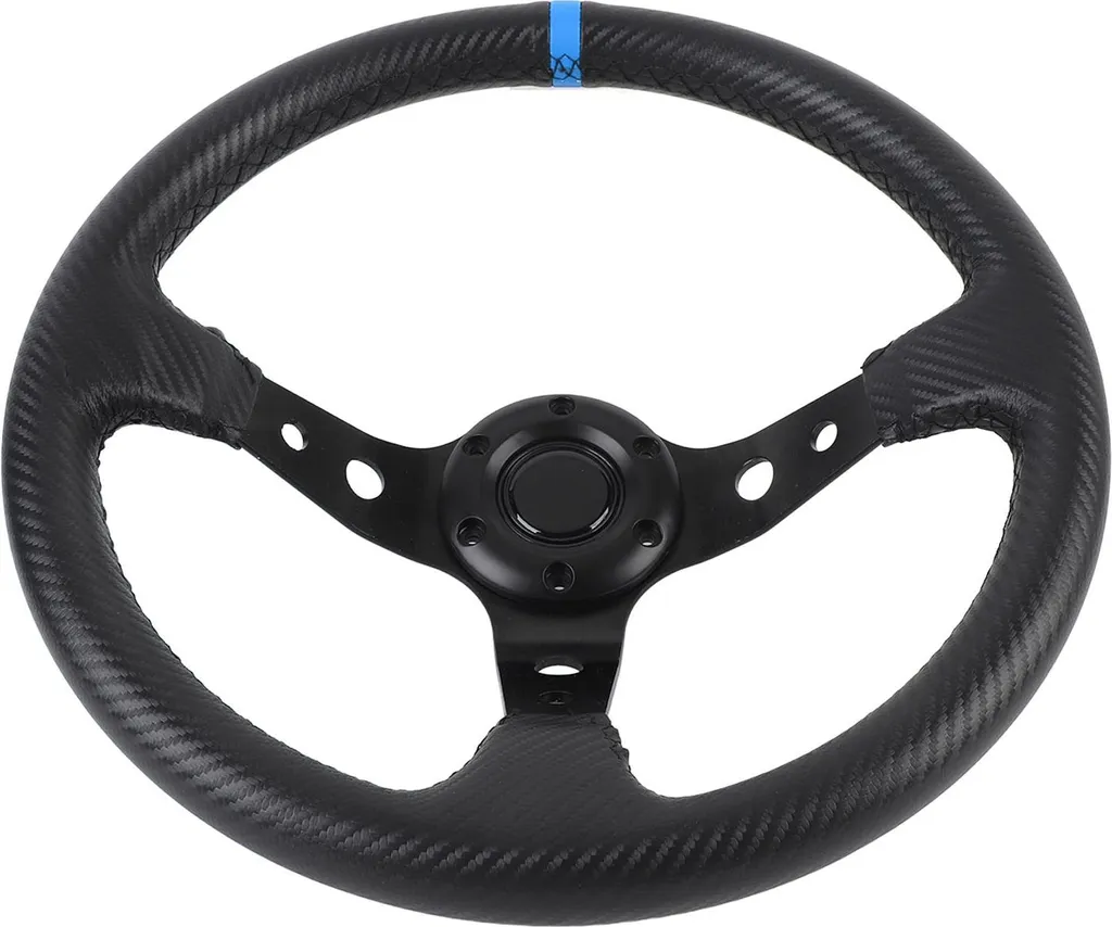 Volant Aluminium 14 Pouces avec Bouton de Klaxon et Look Carbone Bleu