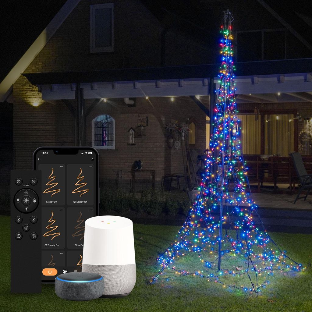 FlinQ Luminus Smarter Weihnachtsbaum 1200 LED - Fahnenmast Weihnachtsbeleuchtung 3 Meter - LED Außen Weihnachtsbeleuchtung - Farbwahl per App oder...