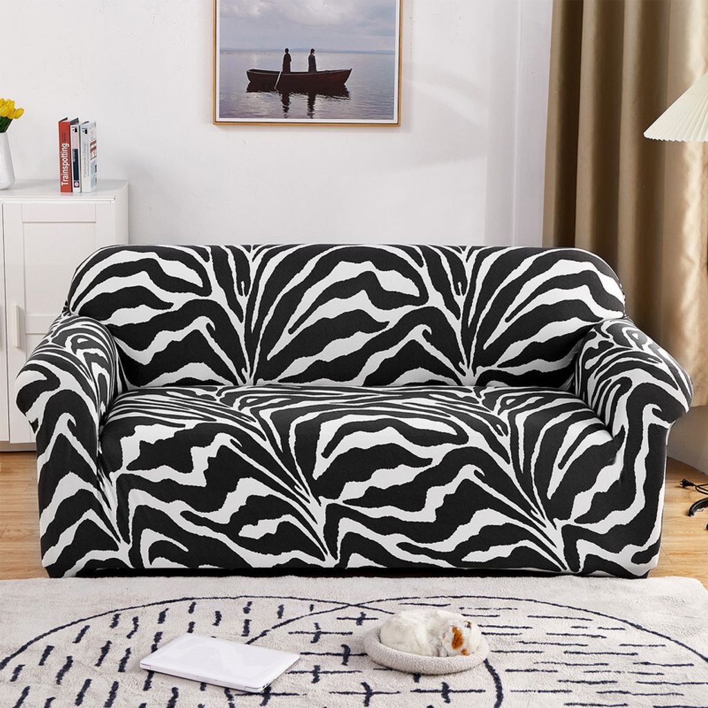 (Zebra) Bedruckter Couchbezug Dreisitzer-Sofabezug – Blumenmuster Sofabezug drei Kissenbezüge waschbarer Möbelschutz