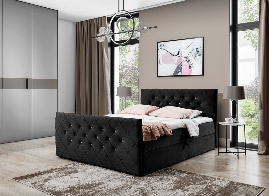 Boxspringbett Schlafzimmerbett EIVOR 140x220cm Stoff Magic Velvet Schwarz
