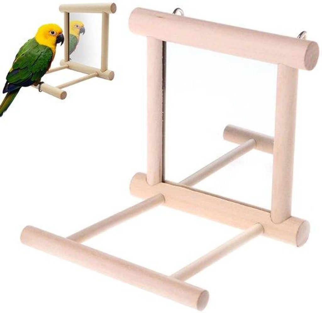 Holzspiegel mit Landeplattform, Vogelkäfig mit Holzrahmen, Holzspiegel mit Klingel, Vogelkäfigspielzeug mit Spiegel, Vogelstand für Hause, Spiel...