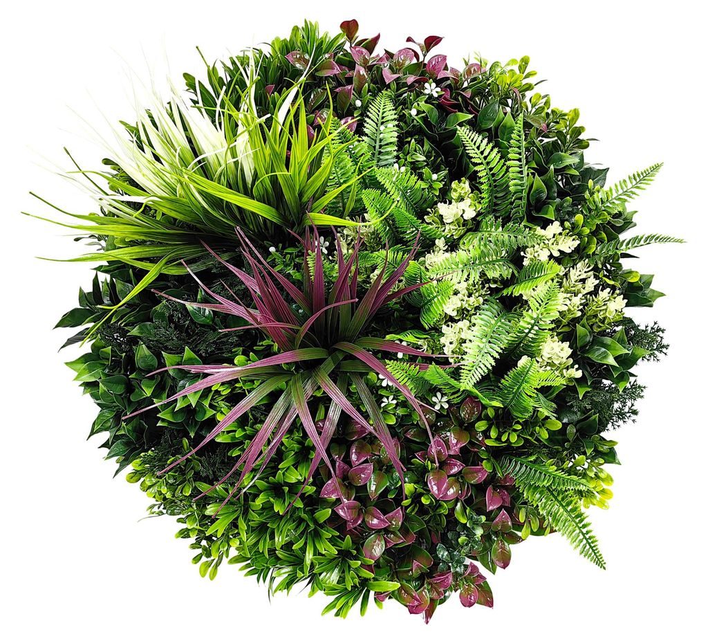 Iris - Rundes Pflanzenbild Ø50 cm mit Blättern und Blumen aus PE schwarzer Aluminiumrahmen