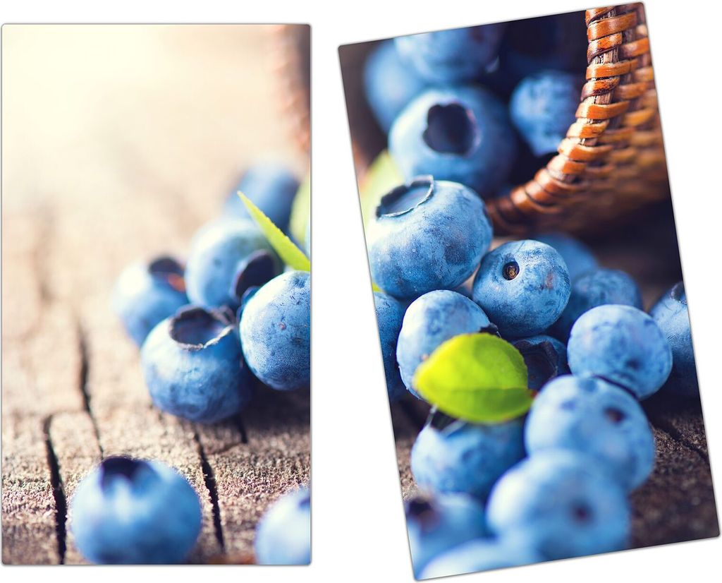 Spritzschutz Herdabdeckplatte Schneidebrett aus Glas Heidelbeeren aus Korb 2-Teilig (60x52cm)