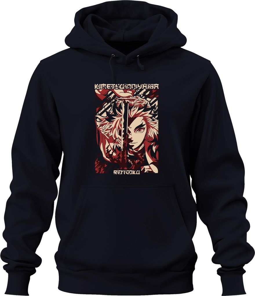Rengoku Kimetsu no Yaiba Demon Slayer Flammen Schwert Uni Hoodie Kapuzenpullover, Navy, M