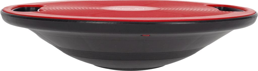 A red and black balance board on a white background.
