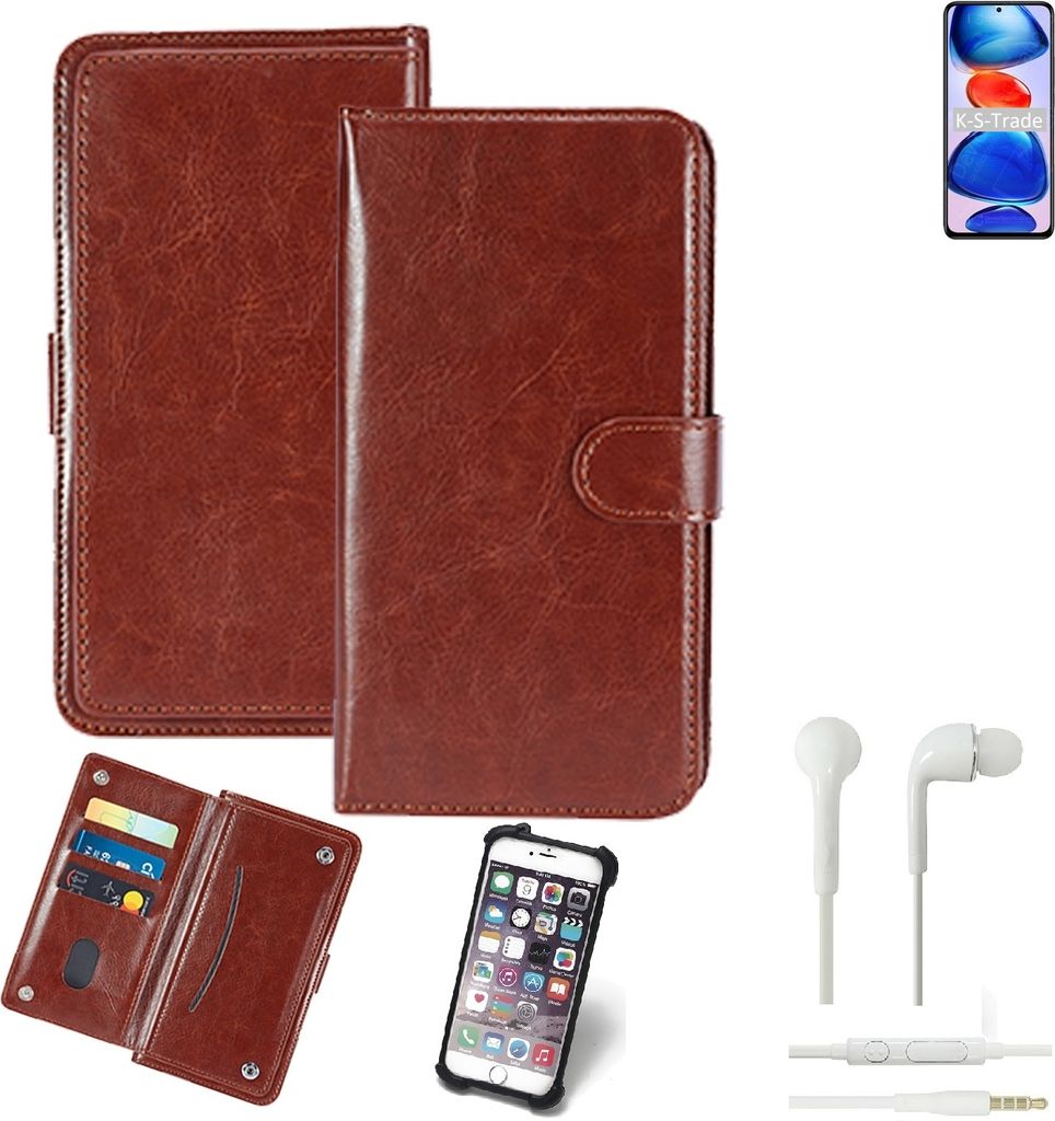 K-S-Trade 360° Hülle kompatibel mit Xiaomi Redmi Note 11 Pro+ inkl. Headphones braun Kunstleder Case BookCase WalletCase Kunstlederederhülle
