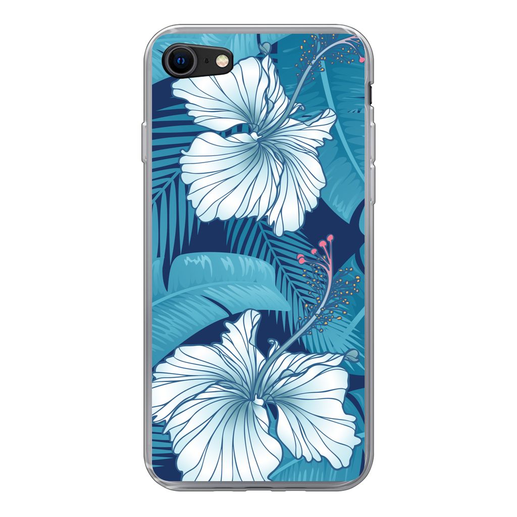 MuchoWow Handyhülle Schutzhülle Hülle für iPhone SE 2020 Tropisch - Blumen - Blau Silikon Softcase Handy Hülle - Kartenbesitzer