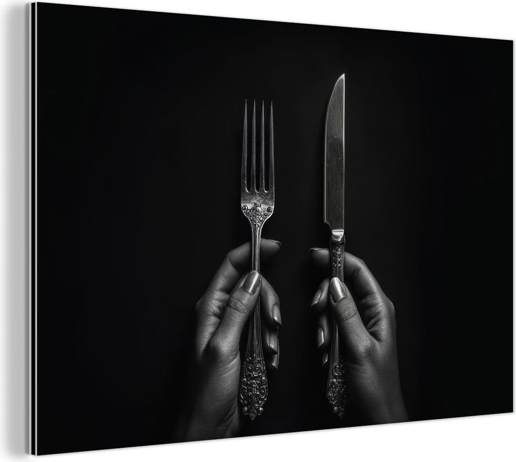MuchoWow Wanddekoration Metall Metallbild Wandkunst 150x100 cm Besteck - Schwarz - Weiß MuchoWow Aluminium Gemälde - Alu Dibond Bild