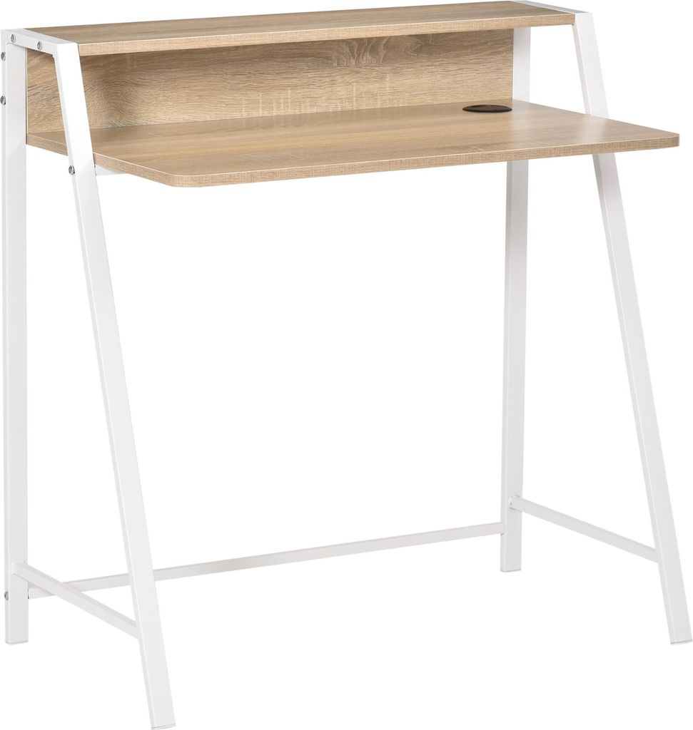 Fortuna Lai Schreibtisch Moderner Computertisch mit Ablagefach & Kabeldurchlass Metallgestell Weiß Eiche 84x45x85cm für Home Office & Arbeitszimmer