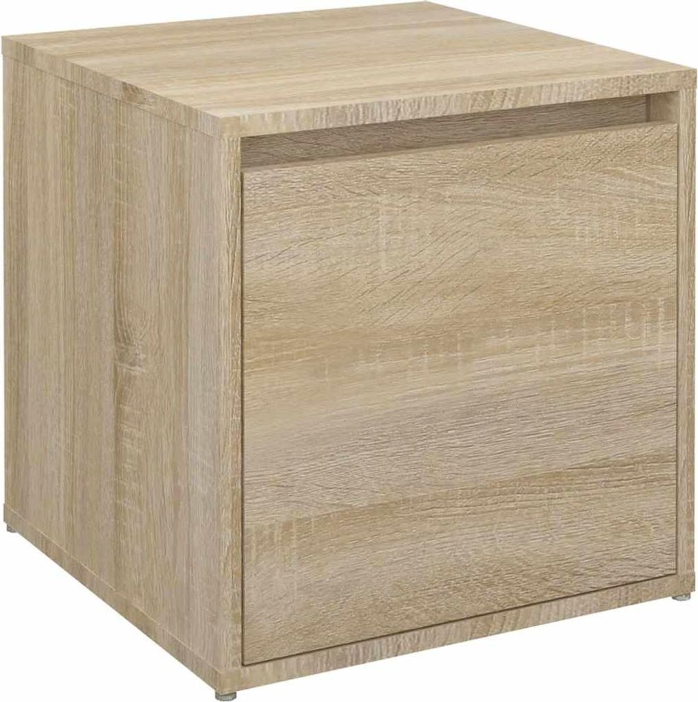A single, light brown wooden cube-shaped drawer unit with a single drawer front.