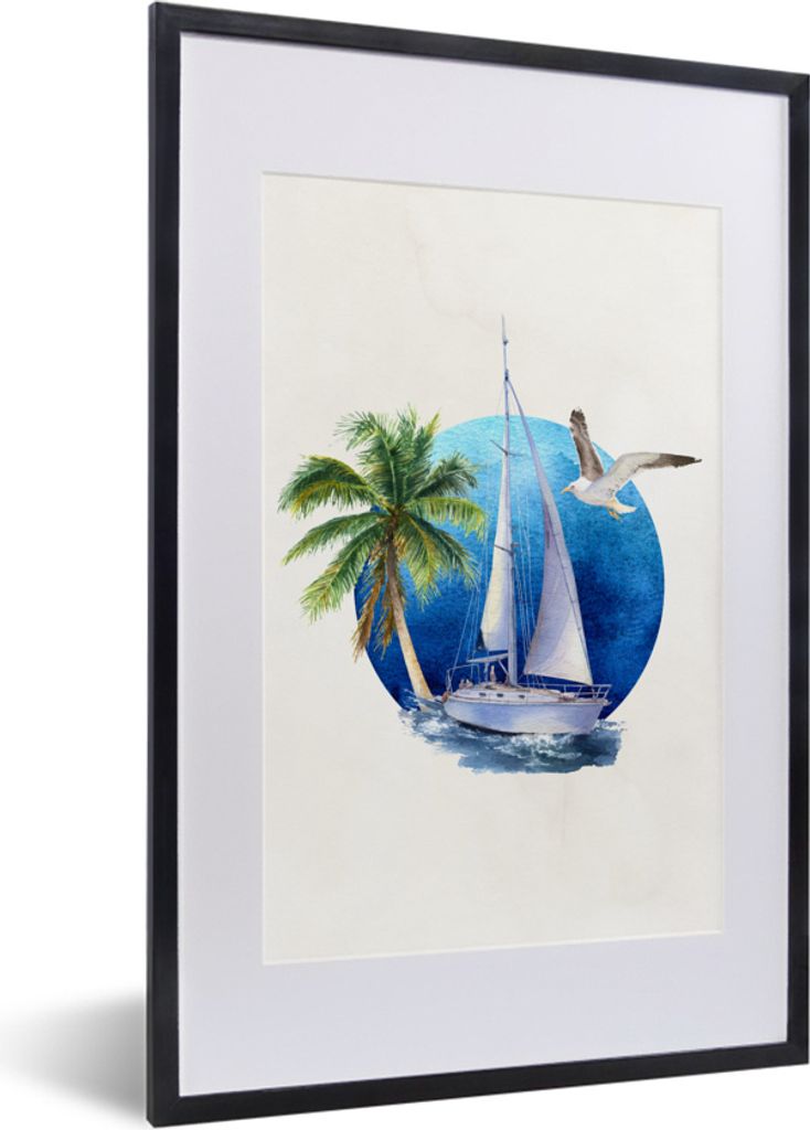 MuchoWow MuchoWow Gerahmtes Poster Segelboot - Meer - Aquarell 40x60 cm - Poster mit zchwarzem Bilderrahmen - Poster in Rahmen