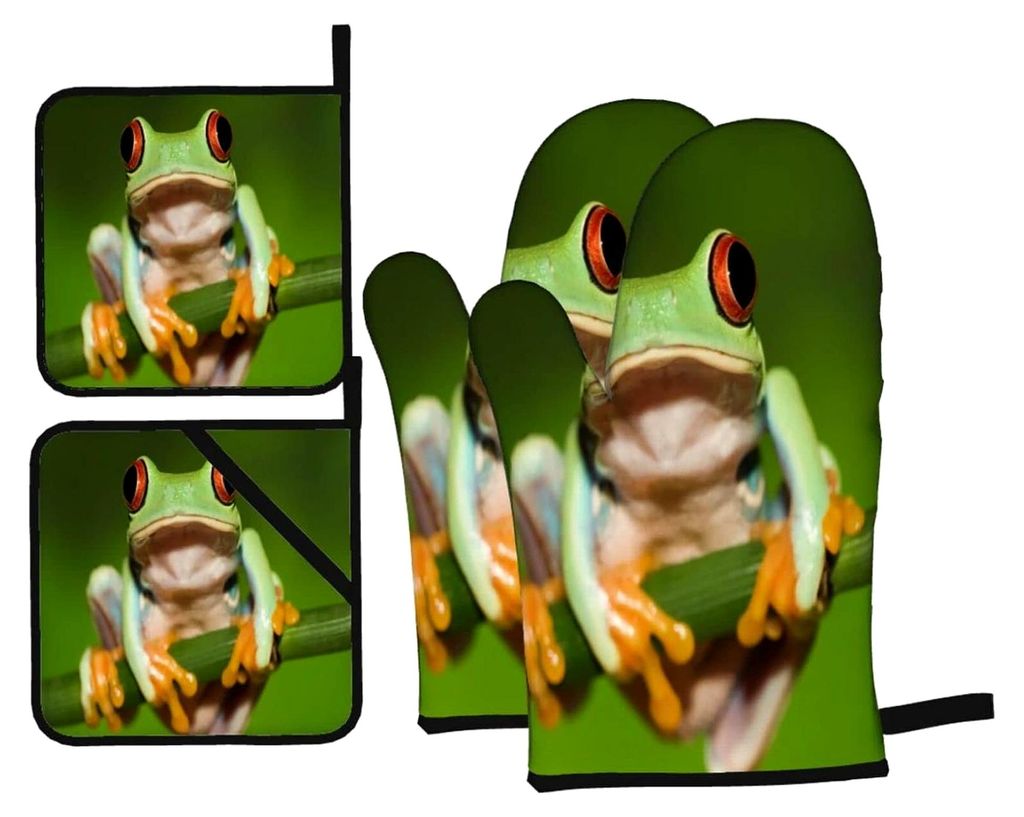 Ofenhandschuhe und Topflappen-Set mit Cartoon-Frosch-Muster, 4 Stück, für Backen und Grillen