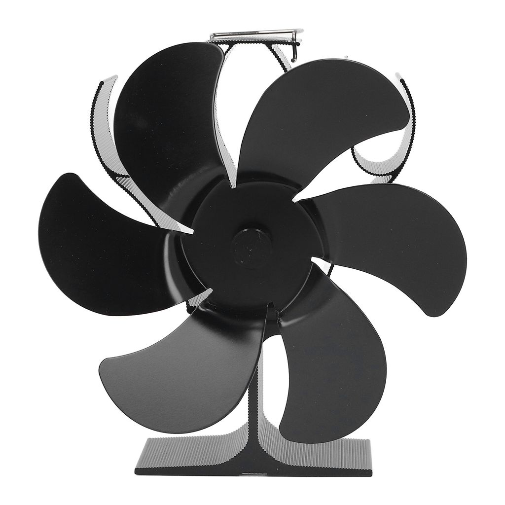 A black stove fan with six blades is shown against a white background.