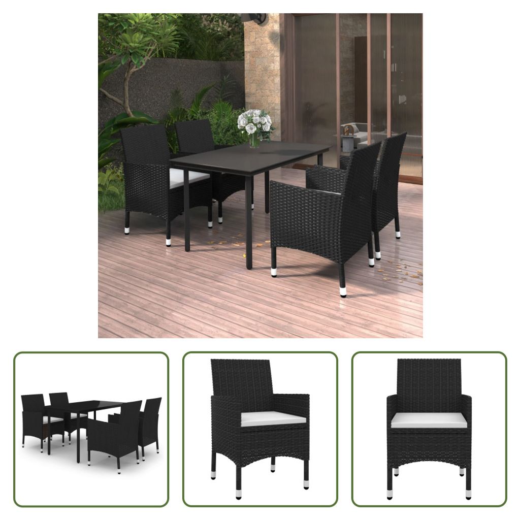 The Living Store 5-tlg. Garten-Essgruppe mit Auflagen Poly Rattan und Glas