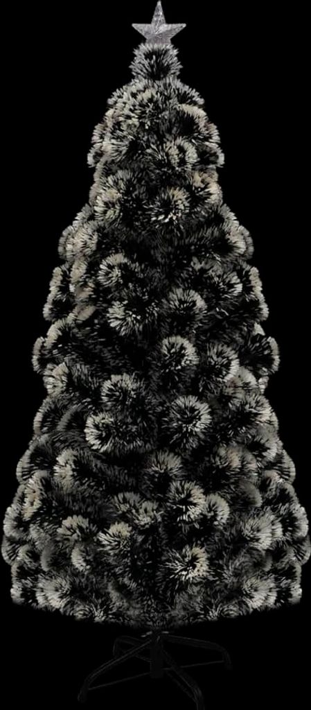 A black and silver fiber optic Christmas tree with a star on top, set against a black background.