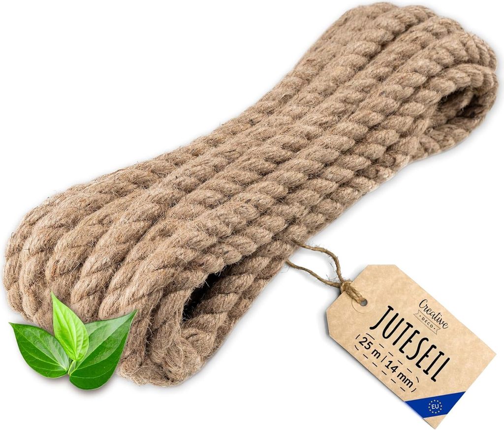 Creative Deco Juteseil Juteschnur | 25m Lang 14mm Stark | Jute Hanfseil Tau | Gedreht Naturfaser