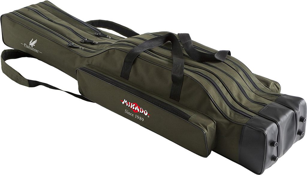 A green fishing rod bag with multiple compartments and handles, shown against a white background.