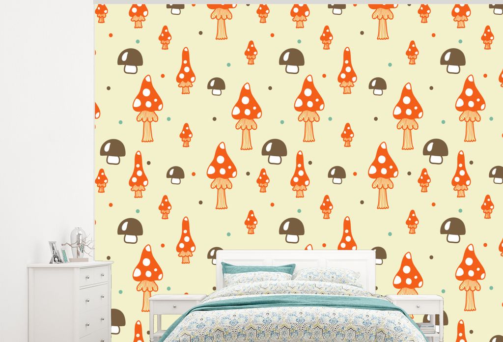 MuchoWow Fototapete für Wohnzimmer oder Schlafzimmer Wandtapete Vinyl Motivtapete Muster - Pilz - Orange - 275x220 cm - Gemustert