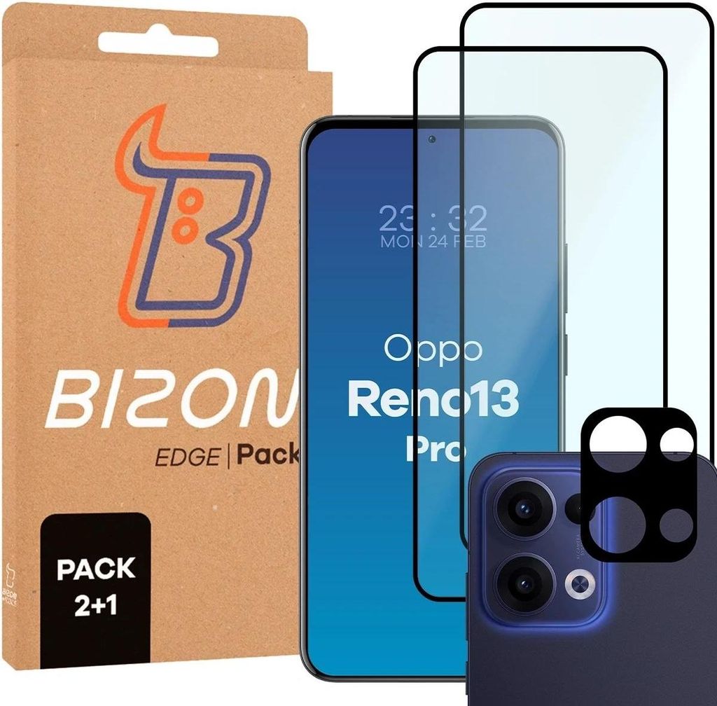 Bizon Edge 2 Pack 2x gehärtetes Glas + 1x Linsenschutz für Oppo Reno13