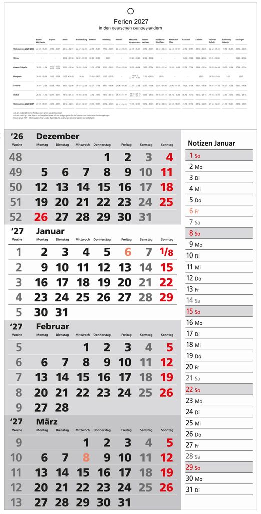2027 GÜSS 4-Monatskalender mit Notizspalte Produktbild 
