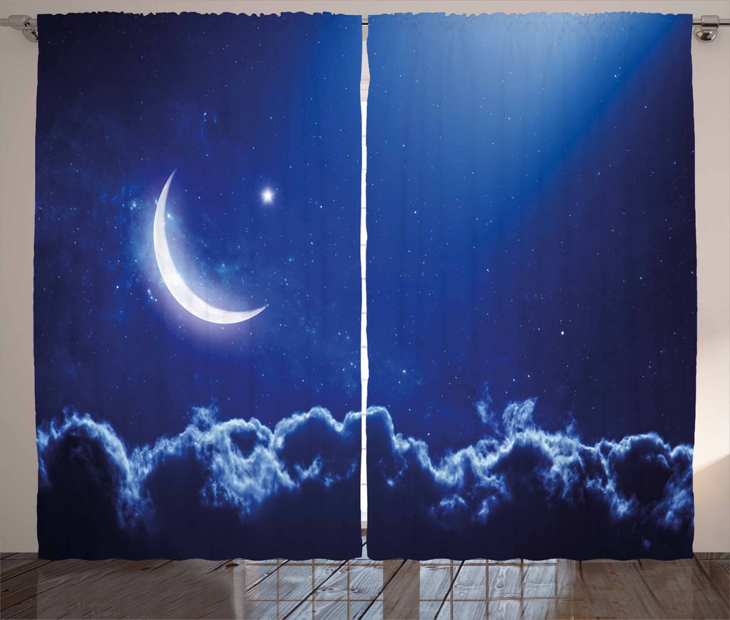 ABAKUHAUS Nacht Rustikaler Vorhang, Crescent Moon and Stars, Wohnzimmer Universalband Gardinen mit Schlaufen und Haken, 280 x 245 cm, Royal Blue Weiß