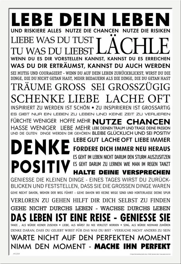 Poster motivazionale - Vivi la tua vita + cornice rimovibile, Shinsuke® Maxi MDF bianco, vetro acrilico