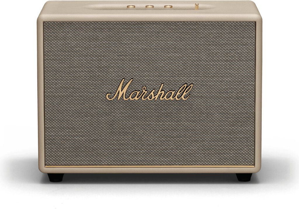 A front view of a beige and gray Marshall Woburn III speaker on a white background.