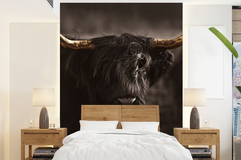 MuchoWow Fototapete für Wohnzimmer oder Schlafzimmer Wandtapete Vinyl Motivtapete Schottischer Highlander - Glocke - Gold - 175x240 cm - Schlafz...