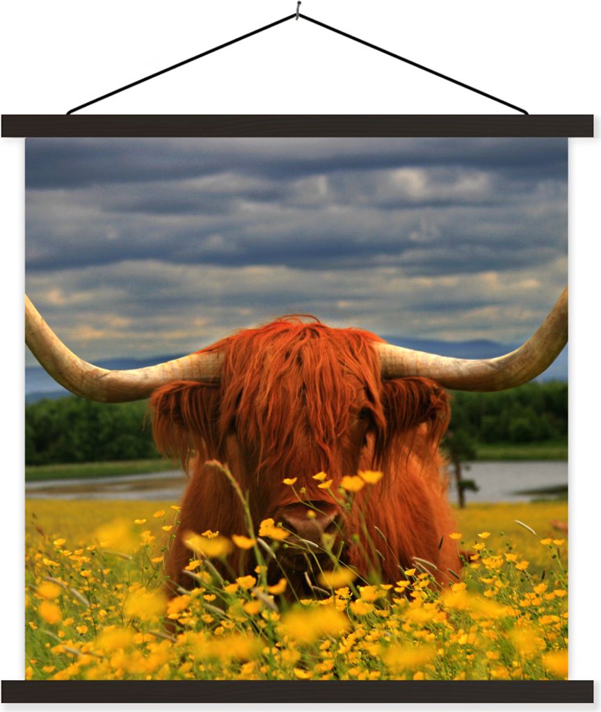 MuchoWow Textilposter Schottisches Hochlandrind - Tiere - Blumen 90x90 cm mit schwarzem Rahmen - Magnetisches