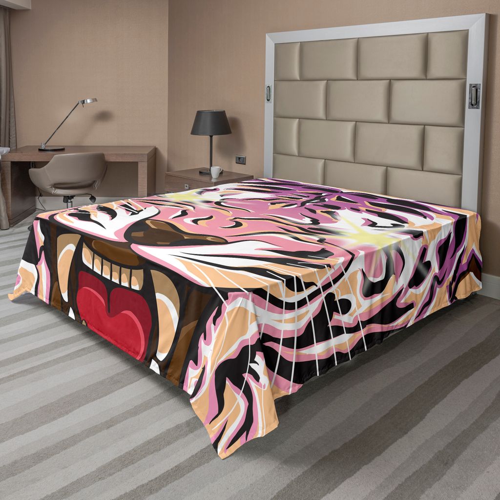 ABAKUHAUS Tiger Bettlaken, Stil Makro Illustration Starke Dschungel-Tier-Gesicht mit Abstrakt Farben, weiches bequemes oberes Bettlaken für ein de...