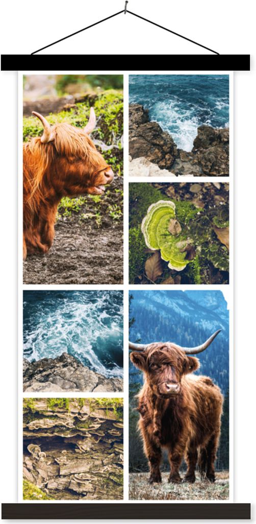 MuchoWow Textilposter Schottische Hochlandrind - Natur - Collage 90x180 cm mit schwarzem Rahmen - Dekoration Wohnzimmer