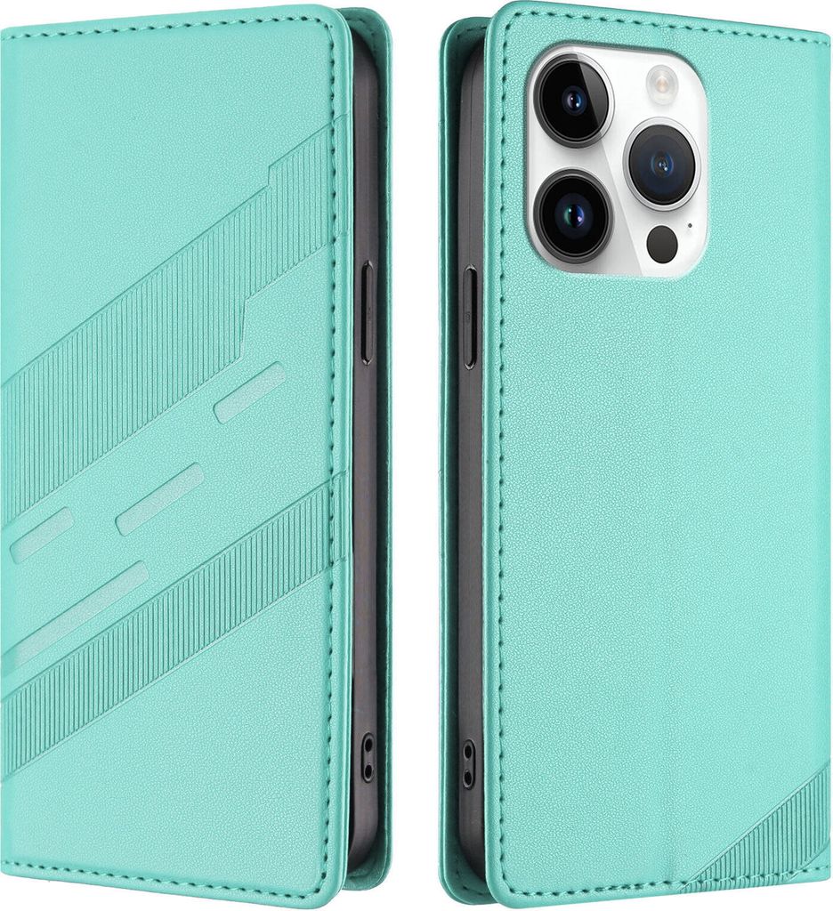 Hülle für iPhone 15 Pro, Kunstleder Brieftaschen Handyhülle mit Kartenfach und Standfunktion Türkis