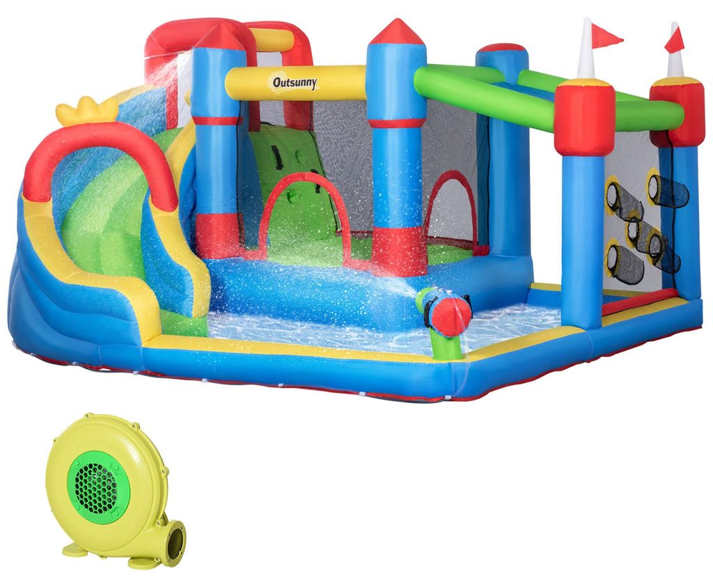 Outsunny Hüpfburg Wasserpark mit Rutsche und Gebläse, aufblasbares Spielcenter für Kinder, Oxfordstoff, 390x300x197 cm
