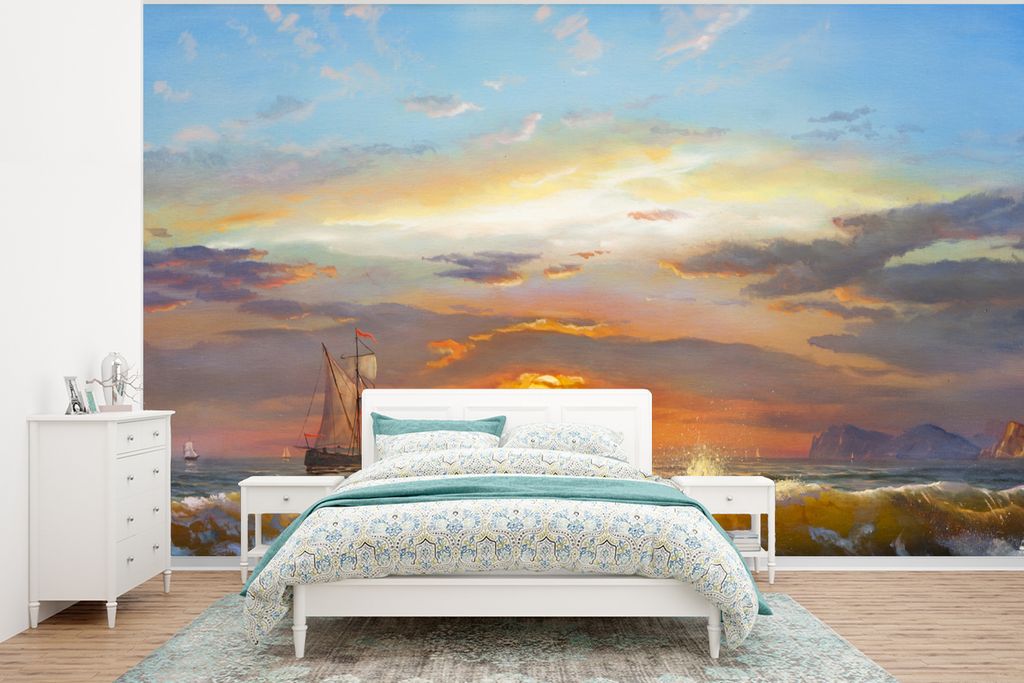 MuchoWow Fototapete für Wohnzimmer oder Schlafzimmer Wandtapete Vinyl Motivtapete Malerei - Wasser - Segelboot - Ölfarbe - 350x260 cm - Wohnzim...