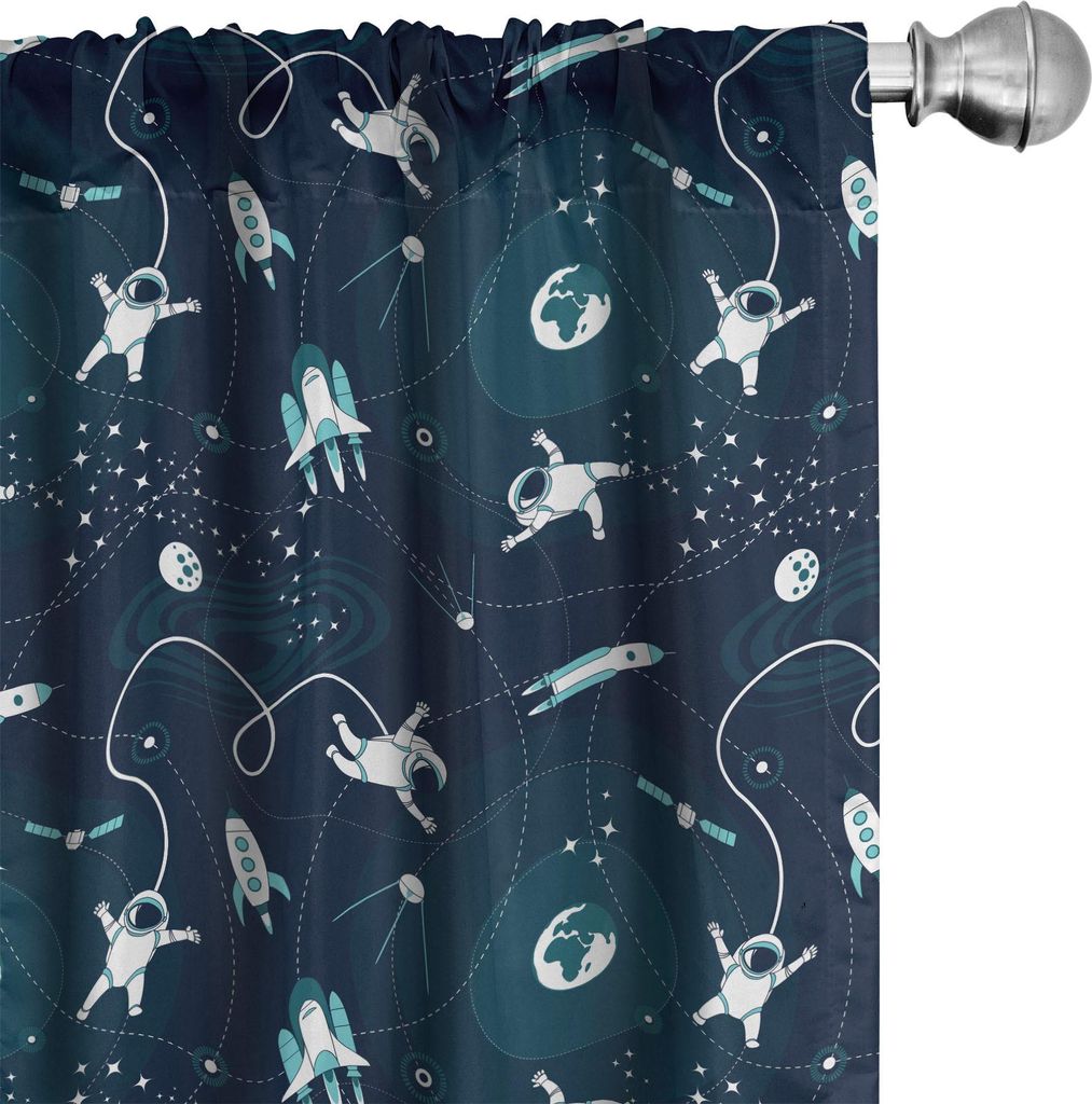 ABAKUHAUS Platz Vorhänge, Gardinen, Welt Orbit mit Raumschiffen Astronauten Satellites und Mond, 2 Stück 75 x 175 cm, Dunkle Teal Dark Blue