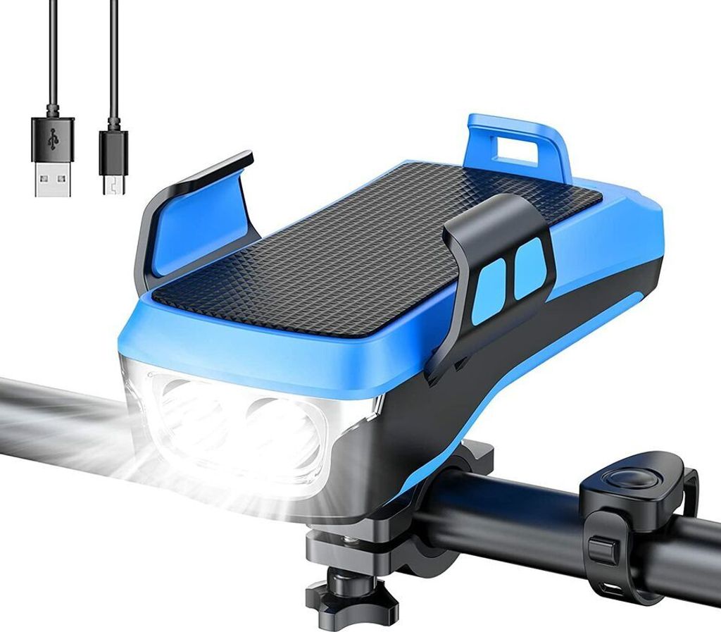 (Blau)4-in-1 Fahrradlicht mit Handyhalterung – LED Frontlicht, Powerbank & Hupe in Einem