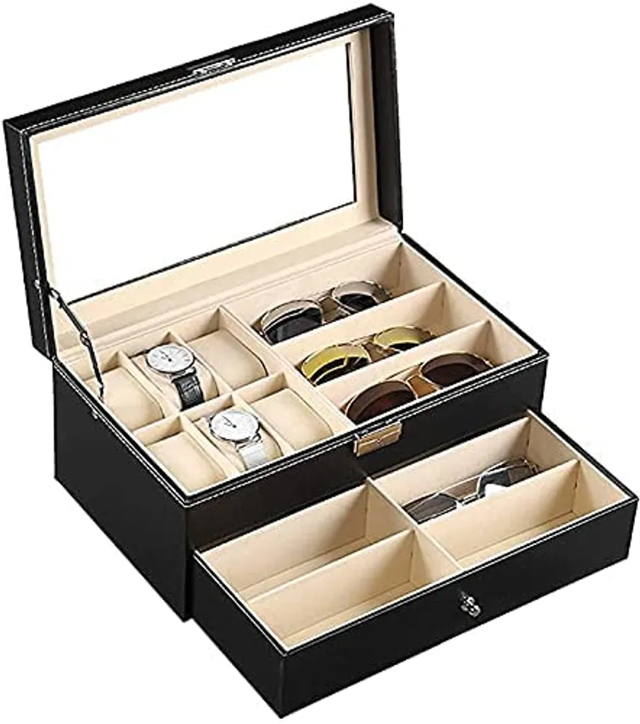 Coffret de rangement bijoux pour 6 montres et 9 lunettes avec vitrine