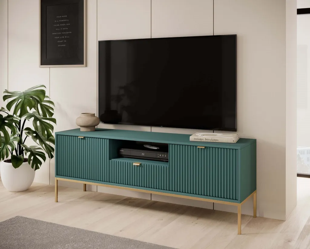 Meuble TV MISHEEL bleu et or - Rangez vos câbles avec style et design