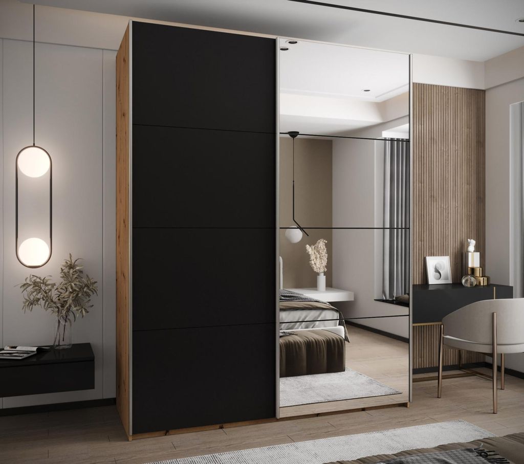 Zweitüriger Kleiderschrank SAMARA 3 – 190 cm, Eiche handwerklich / Schwarz / Silber