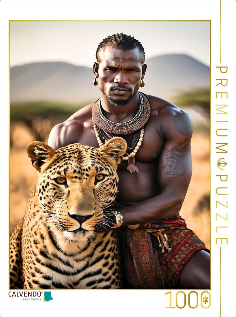 CALVENDO Puzzle Massai mit sanftem Leoparden | 1000 Teile Lege-Größe 64x48cm Foto-Puzzle für glückliche Stunden