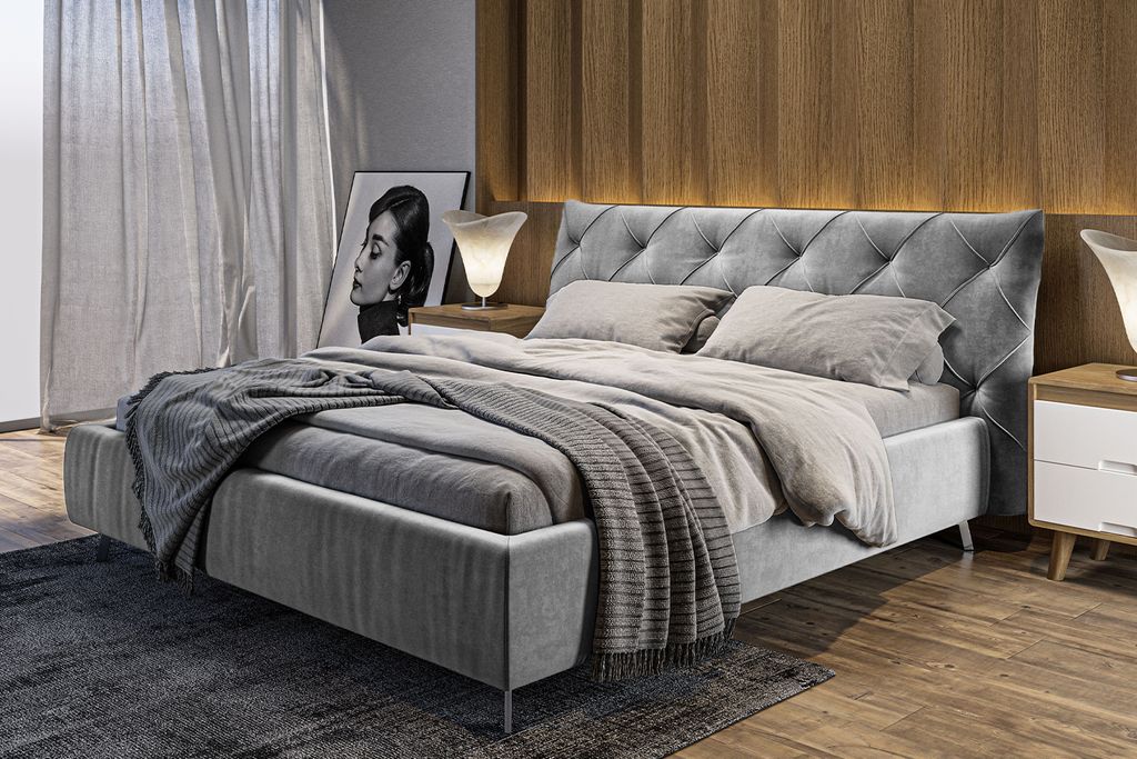 KAWOLA Bett ANNY Polsterbett Kopfteil niedrig Velvet silber 160x200cm