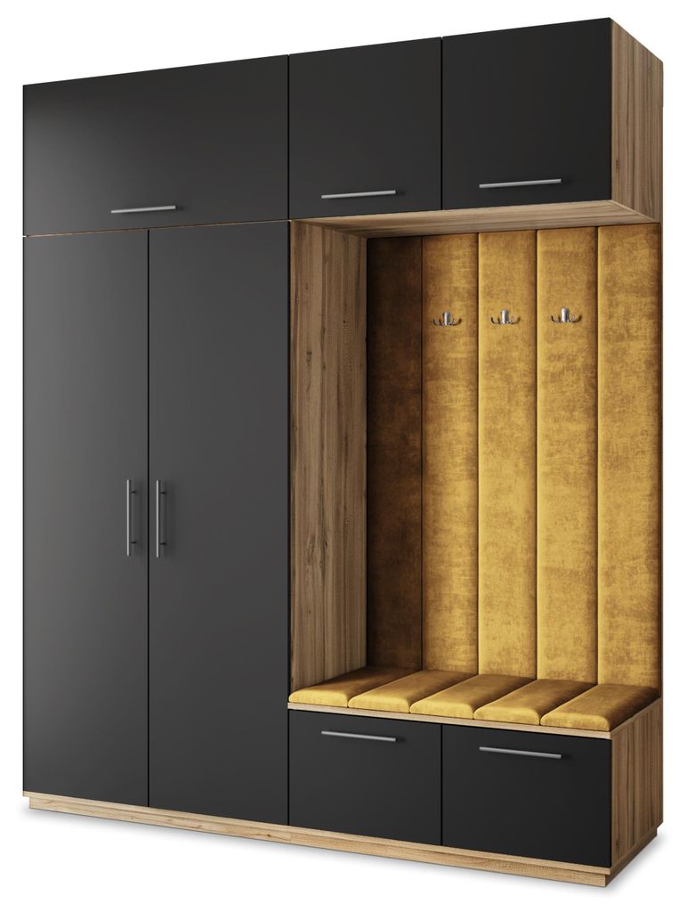 Masseno Garderobe-Set REMA 200/240/60 cm Modern Garderobenschrank Eiche Wotan, Veloursstoff MONOLITH 48 (Gelb)
