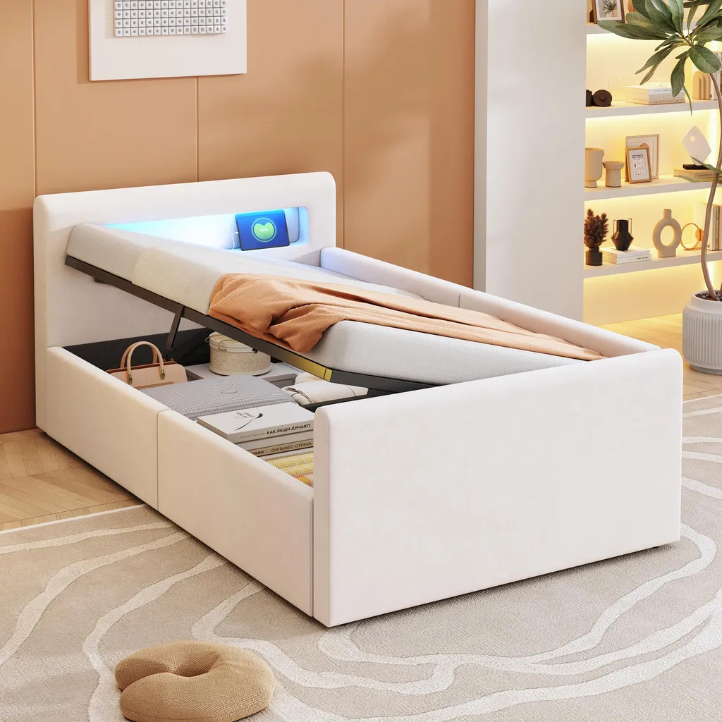 Lit gain de place 90x200 cm avec grand coffre sous sommier et chargeur