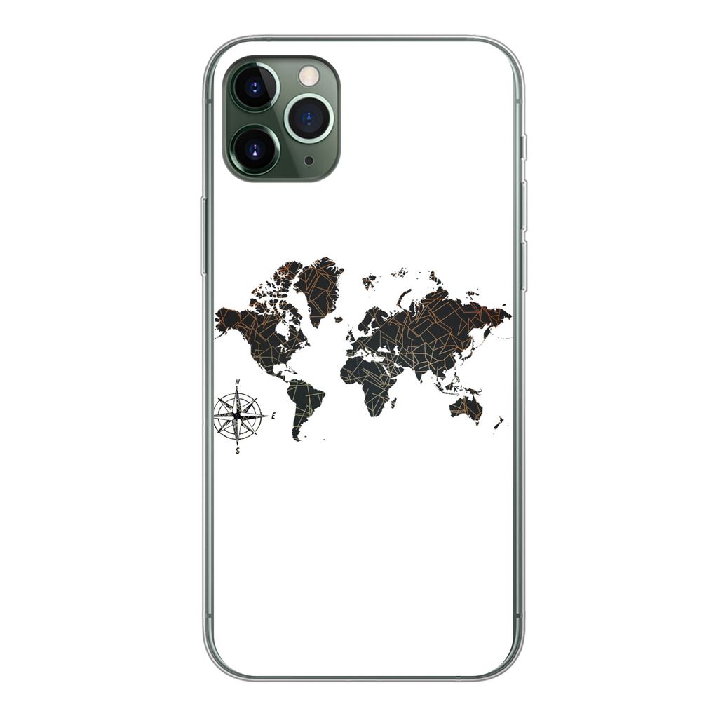 MuchoWow Handyhülle Schutzhülle Hülle für iPhone 11 Pro Max Weltkarte - Gold - Schwarz - Windrose Silikon Softcase Handy Hülle - Schutz