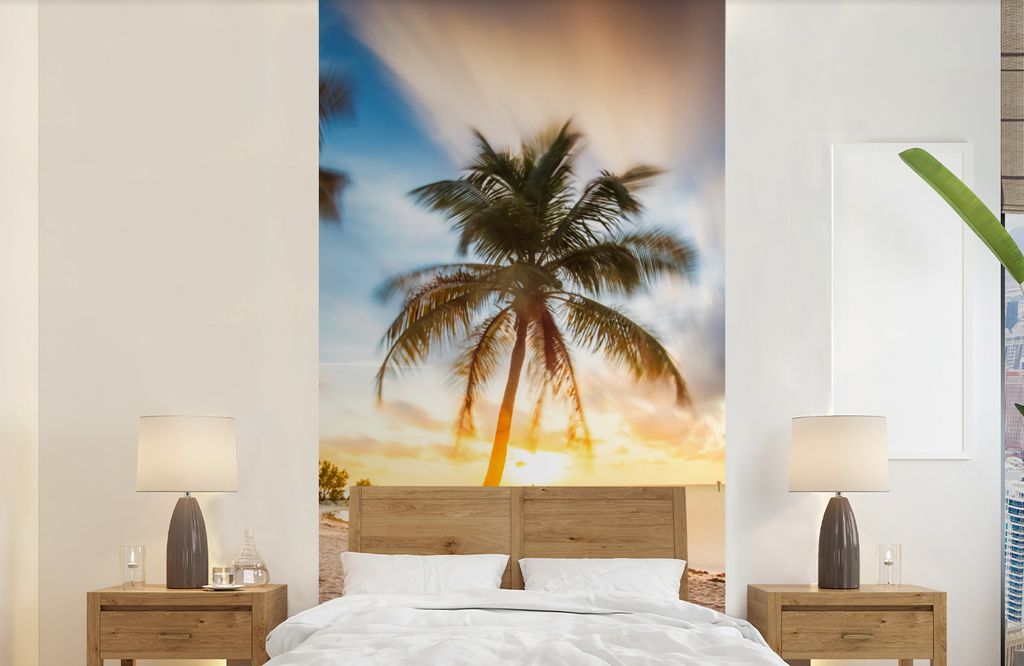 MuchoWow Fototapete für Wohnzimmer oder Schlafzimmer Wandtapete Vinyl Motivtapete Sonnenuntergang - Strand - Palme - 120x240 cm - Hintergrundbild