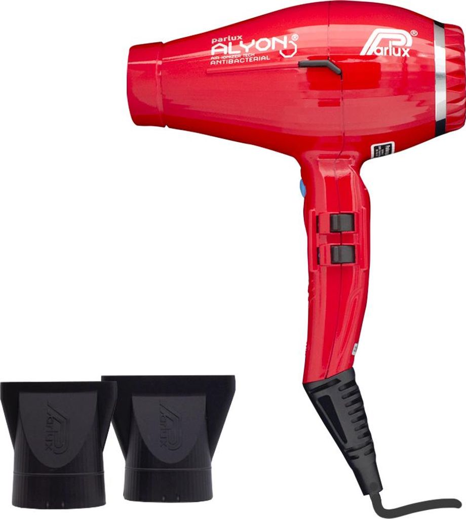 A red Parlux ALYON hair dryer with two black nozzle attachments.