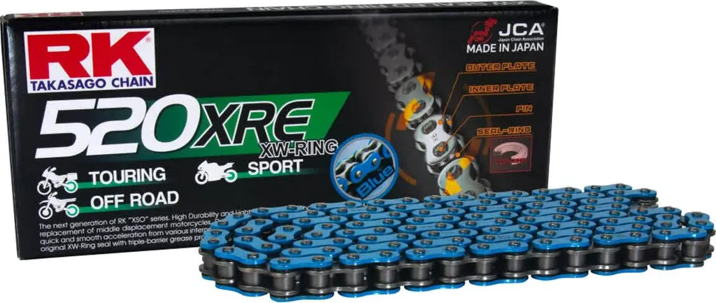 Chaîne RK XRE 520 Bleue 114 maillons avec joints X-Ring haute résistance