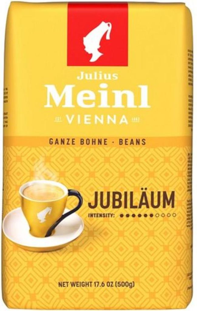 A bag of Julius Meinl coffee beans with a cup of coffee shown.