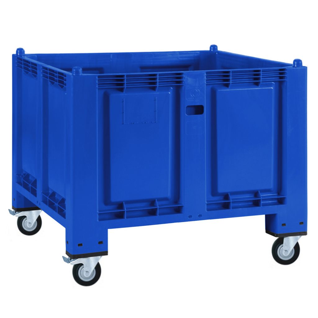 Palettenbox, blau, mit 4 Lenkrollen, 2 Feststellbremsen, LxBxH 1200 x 800 x 1000 mm, lebensmittelecht ...